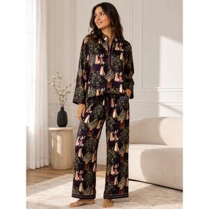 Natori Purple Satin Geisha Print Pajama Set Tunic Top Wide Leg Pants Size M